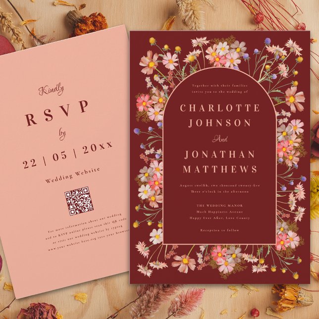 Invitation Fleur sauvage Arch Boho Terracotta Mariage de auto (Wildflower arch elegant script burgundy terracotta fall wedding invitation with QR code)