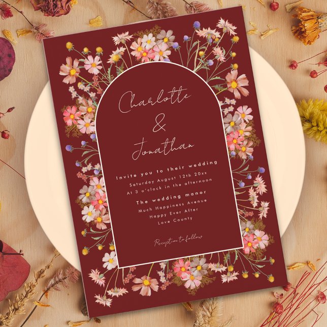 Invitation Fleur sauvage Arch Mariage de automne en terre cui (Boho floral arch burgundy burnt orange fall wedding invitation )