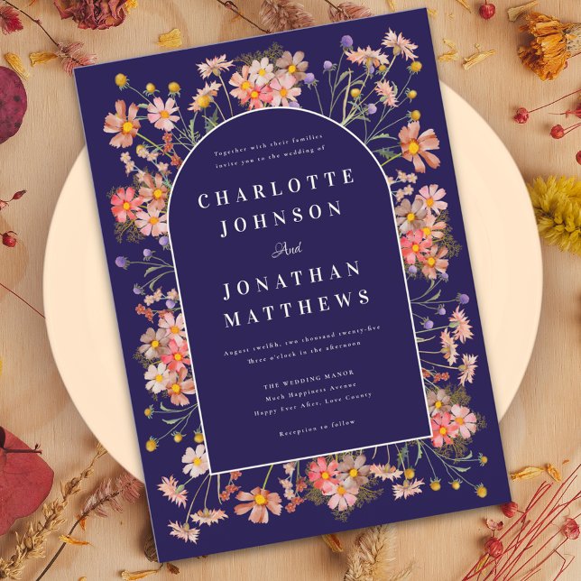 Invitation Fleur sauvage Arch Navy brûlé Orange Mariage de au (Wildflower arch elegant script navy blue burnt orange terracotta fall wedding invitation )