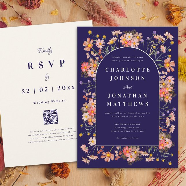 Invitation Fleur sauvage Arch Navy Mariage de automne en terr (Elegant wildflower arch navy blue terracotta burnt orange peach fall wedding invitation With QR code)
