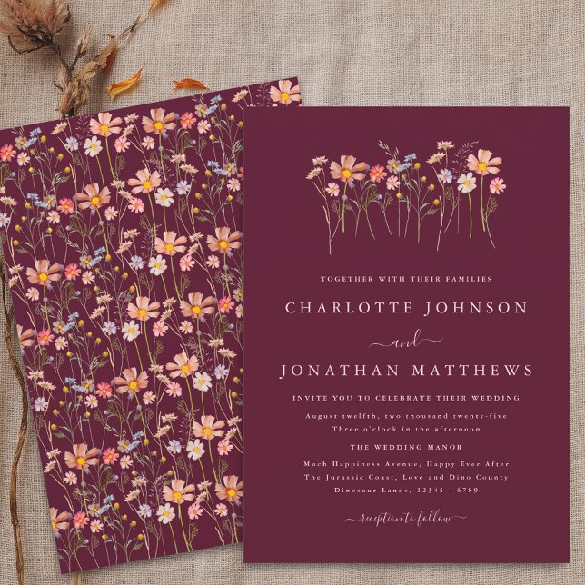 Invitation Fleur sauvage Automne Bourgogne Blush Pink Mariage (Wildflower boho fall floral burgundy blush pink Wedding invitation)
