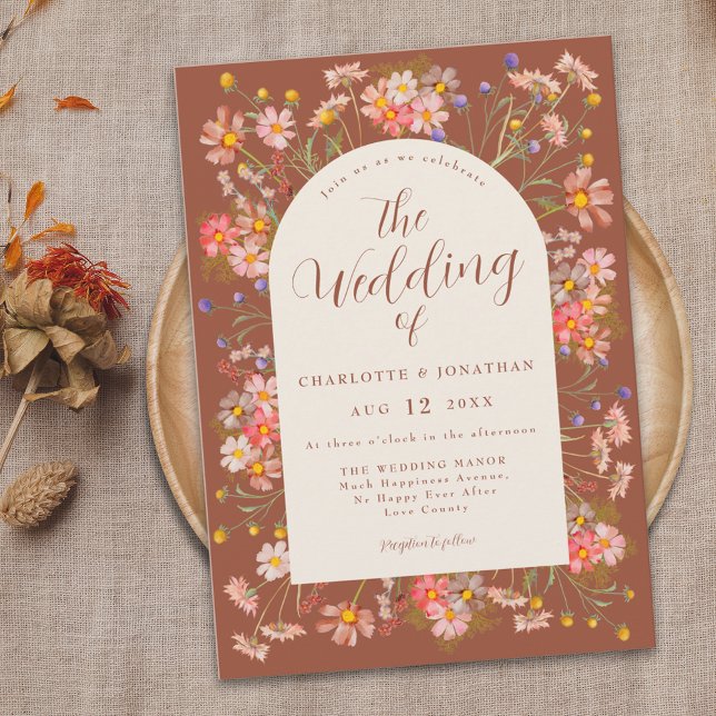 Invitation Fleur sauvage Automne Brûlé Orange Terracotta Mari (Elegant wildflower arch terracotta brown fall wedding invitation boho chic script watercolor florals)