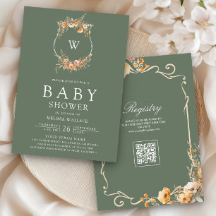 Invitation Fleur sauvage Automne QR Code Sage Baby shower ver