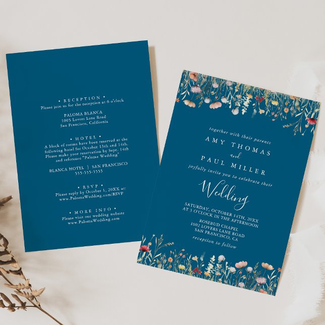 Invitation Fleur sauvage avant et arrière de la Marine Boho M (Créateur téléchargé)