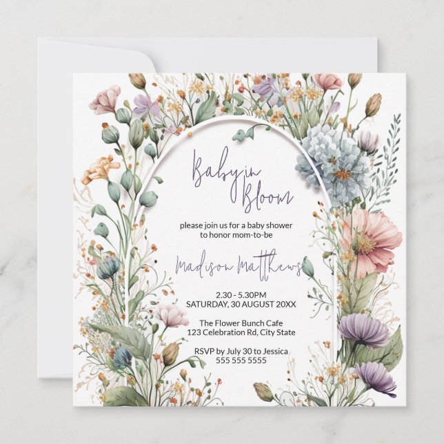 Invitation Fleur sauvage Baby in Bloom Baby shower aquarelle (Devant)