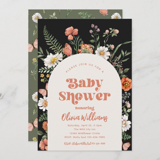 Invitation fleur sauvage Baby shower | Bébé sauvag (Devant / Derrière)