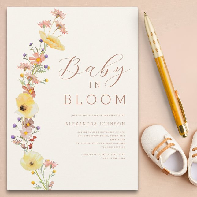 Invitation Fleur sauvage Baby shower d'automne neutre selon l (Baby in bloom elegant watercolor wildflowers baby shower invitation )