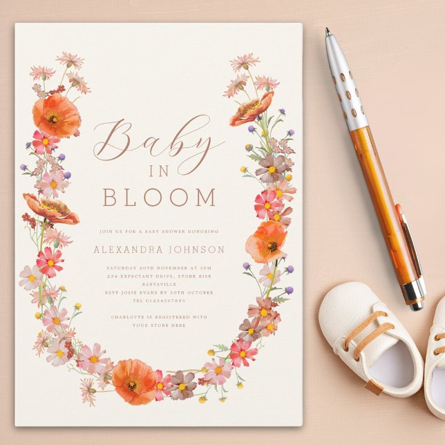 Invitation Fleur sauvage Baby shower neutre (Boho Wildflower baby shower invitation baby in bloom)