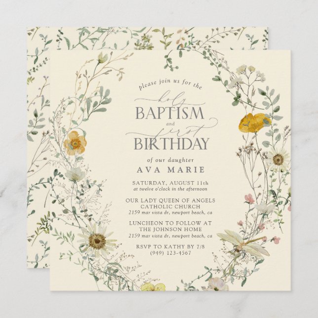 Invitation Fleur sauvage Baptême d'été Baptême 1er anniversai (Devant / Derrière)