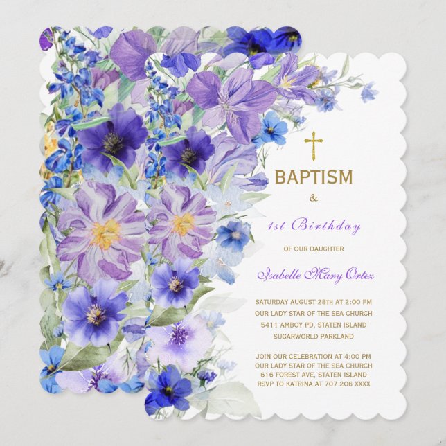 Invitation Fleur sauvage Baptême Violet et Premier Anniversai (Devant / Derrière)