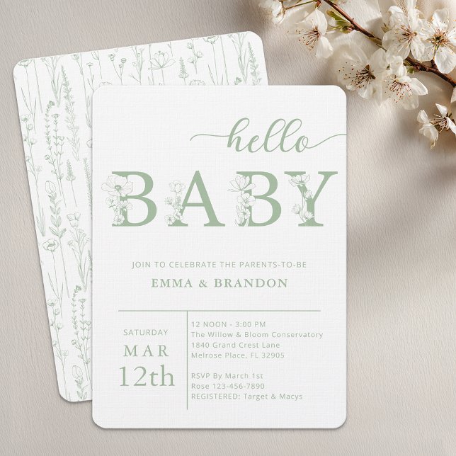 Invitation Fleur Sauvage Bébé Bleu Poussiéreux Hel (Sage Green Baby Shower Invite)