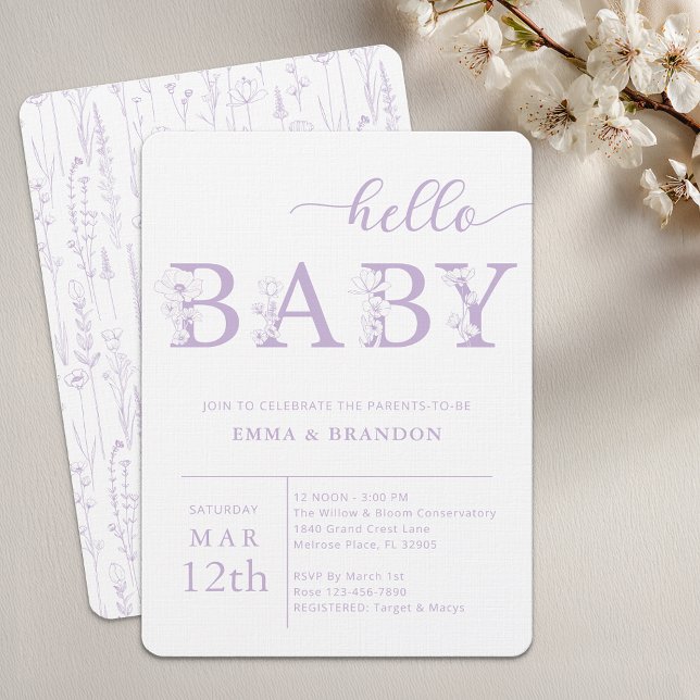 Invitation Fleur Sauvage Bébé Bonjour Lavande (Lavender Baby Shower Invite)