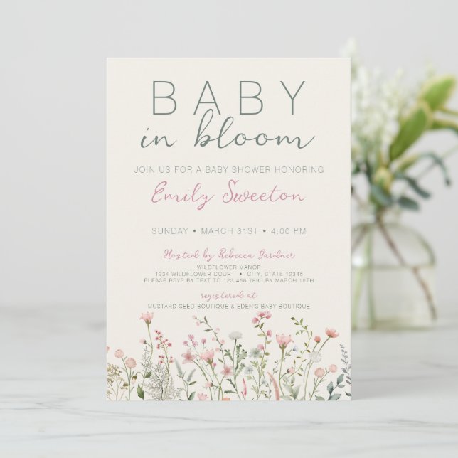 Invitation Fleur sauvage bébé dans le Baby shower en fleurs (Debout devant)