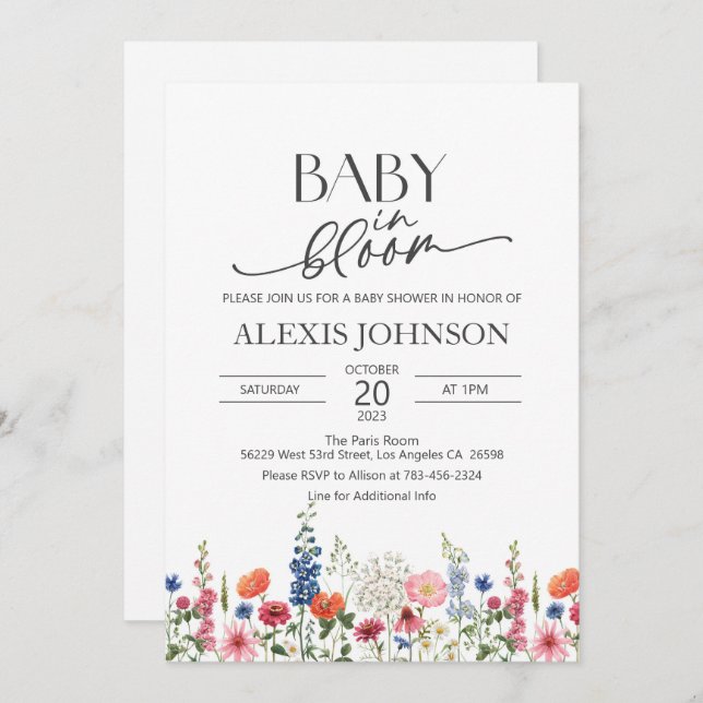 Invitation Fleur sauvage bébé dans le Baby shower en fleurs (Devant / Derrière)