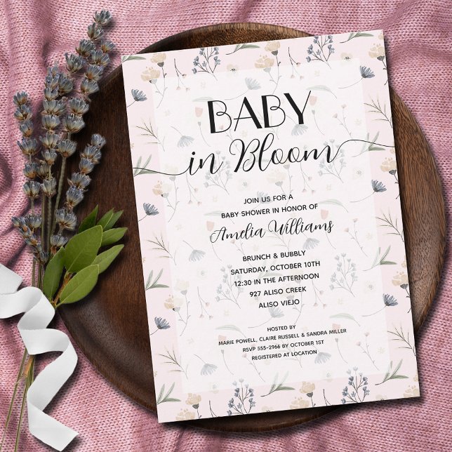 Invitation Fleur sauvage bébé en fleur rose fille douche (Baby in Bloom wildflowers on pink girl baby shower invitations - INSTANT DOWNLOAD and/or PRINTED)
