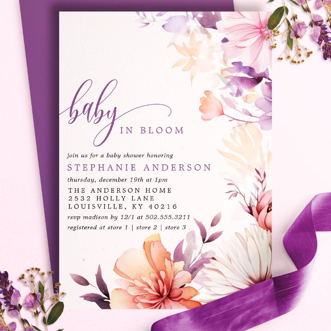 Invitation Fleur Sauvage Bébé Rose Violet Romantique en Fleur (Créateur téléchargé)