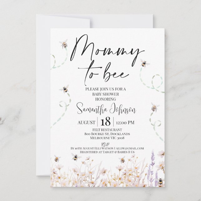 Invitation Fleur sauvage Bees maman à Bee Baby shower (Devant)