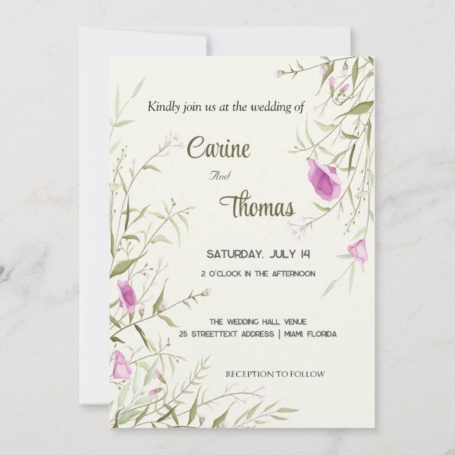 Invitation Fleur sauvage, belles fleurs, mariage dessiné à la (Devant)