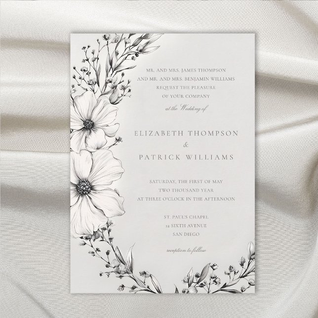 Invitation Fleur sauvage Black Ivory Formel Mariage tradition (wildflowers wedding invitation black and white wreath formal elegant modern classic romantic)