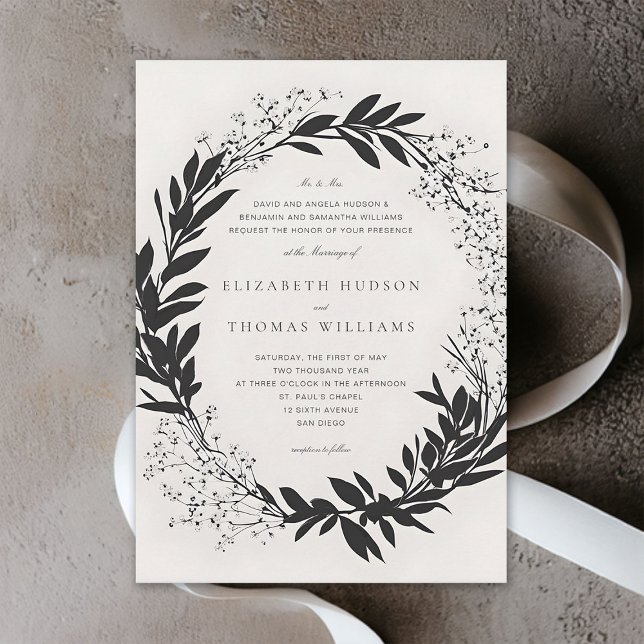 Invitation Fleur sauvage Black Ivory Moderne Mariage officiel (wildflowers wedding invitation black and white floral wreath formal elegant modern typography)