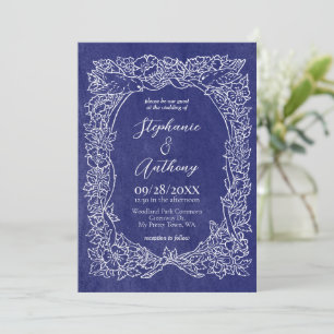Invitation Fleur sauvage blanc bleu de la marine texturé Mari