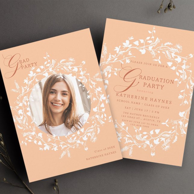 Invitation Fleur sauvage blanc Peach Fuzz Wreath Graduation (Front & Back)