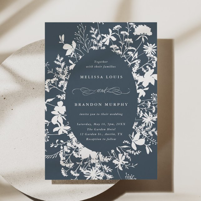 Invitation Fleur sauvage blanc Silhouette Mariage bleu marine (Créateur téléchargé)