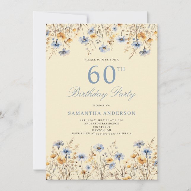 Invitation Fleur sauvage bleu 60e fête d'anniversaire (Devant)