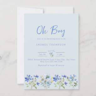 Invitation Fleur sauvage bleu   Aquarelle bébé garçon douche