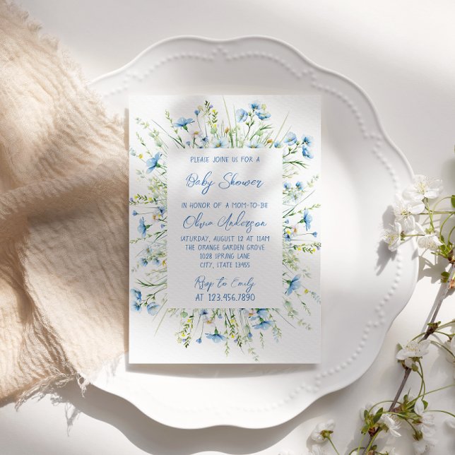 Invitation Fleur sauvage Bleu Aquarelle Boho Baby Boy Douche (Créateur téléchargé)