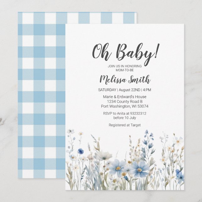 Invitation Fleur sauvage bleu baby shower (Devant / Derrière)