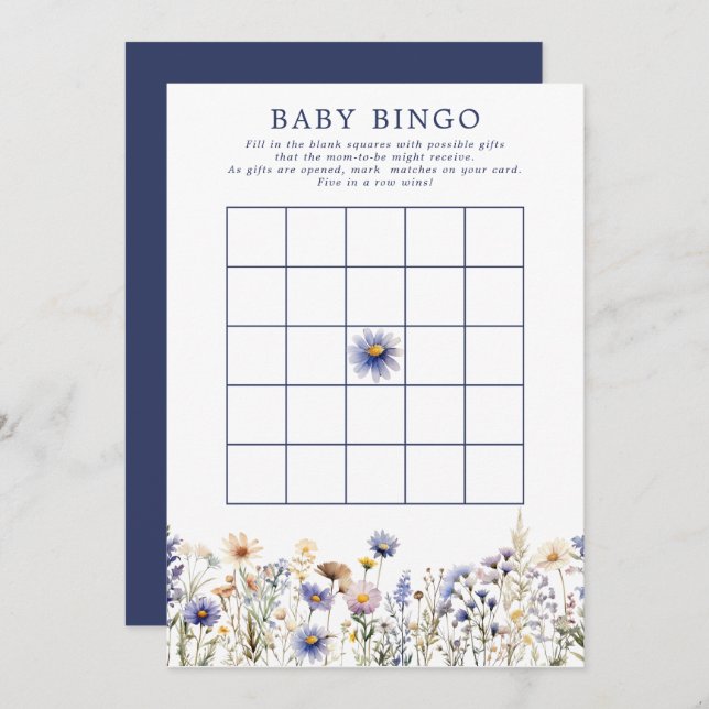 Invitation Fleur sauvage bleu Boho Baby shower Bingo Jeu (Devant / Derrière)