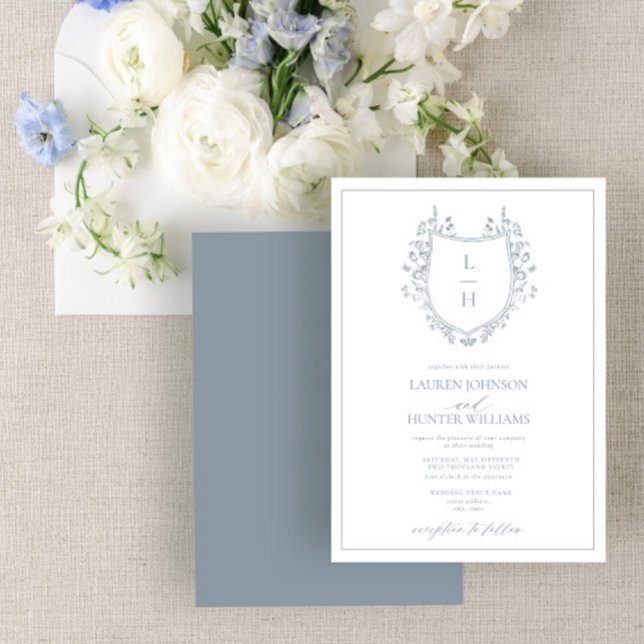 Invitation Fleur sauvage bleu classique Monogram Crest Mariag (Créateur téléchargé)