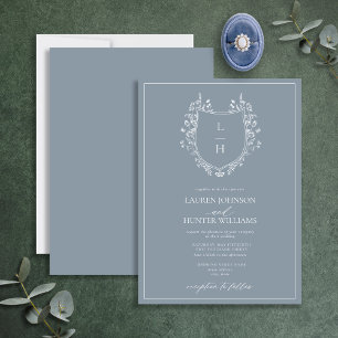 Invitation Fleur sauvage bleu classique Monogram Crest Mariag