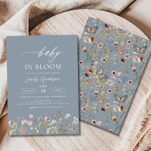 Invitation Fleur sauvage bleu Dusty Baby dans le Baby shower 