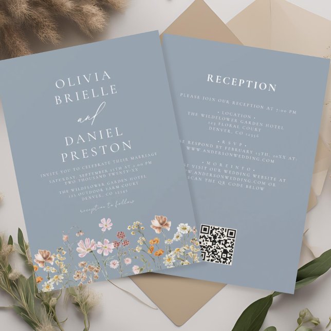 Invitation Fleur sauvage bleu Dusty tout en un Mariage de cod (Créateur téléchargé)