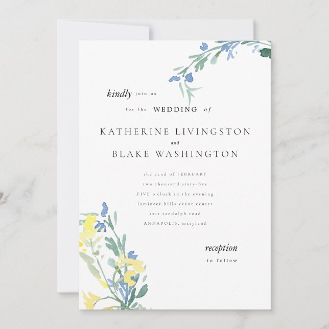 Invitation Fleur sauvage bleu et jaune Mariage couleur  (Devant)