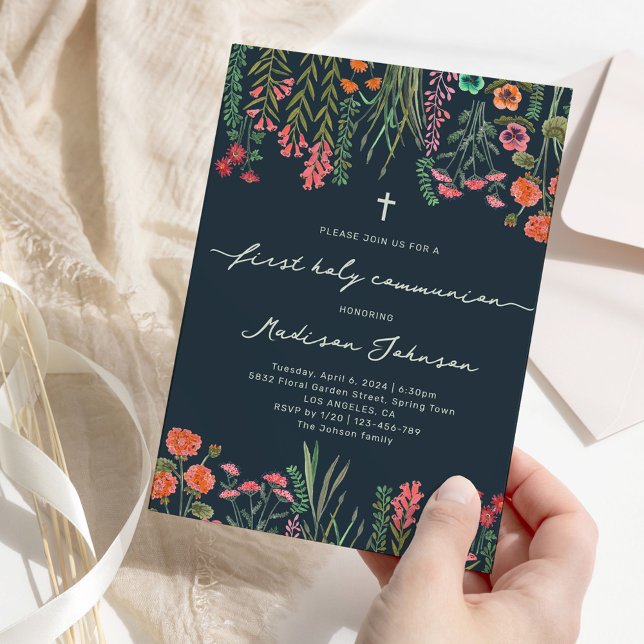 Invitation Fleur sauvage bleu foncé Première communion sainte (Wildflower dark blue First Holy Communion Invitation)