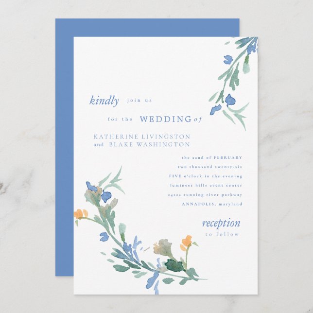 Invitation Fleur sauvage bleu Mariage coloré  (Devant / Derrière)