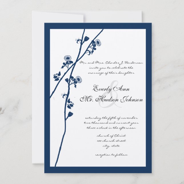 Invitation Fleur sauvage bleu marine Branches Mariage (Devant)