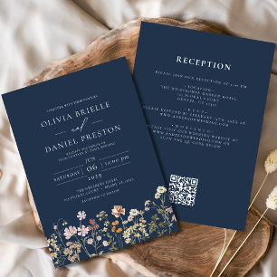 Invitation Fleur sauvage bleu marine tout en un Mariage de co