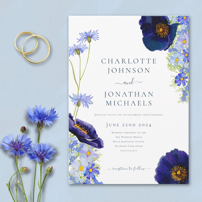 Invitation Fleur sauvage bleu moderne aquarelle Mariage rusti (Elegant wildflower watercolor blue summer floral wedding invitation With modern typography script )