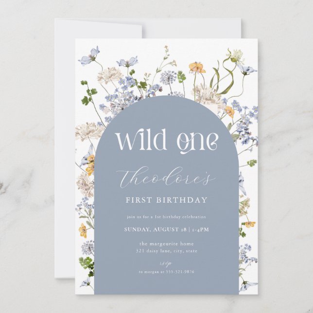 Invitation Fleur sauvage bleu sauvage Un 1er anniversaire Inv (Devant)