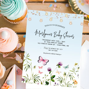 Invitation Fleur sauvage Bleu Script Baby shower