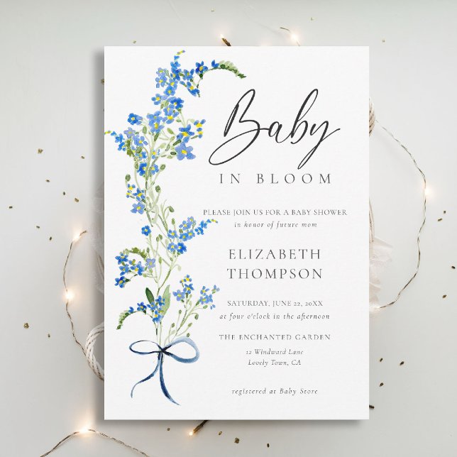 Invitation Fleur sauvage Bloom Soft Blue Bow Elegant Baby sho (wildflowers baby shower invitation blue in bloom watercolor bow elegant garden rustic chic boho)