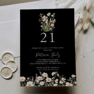Invitation Fleur sauvage Blush classique Noir 21ème fête d'an