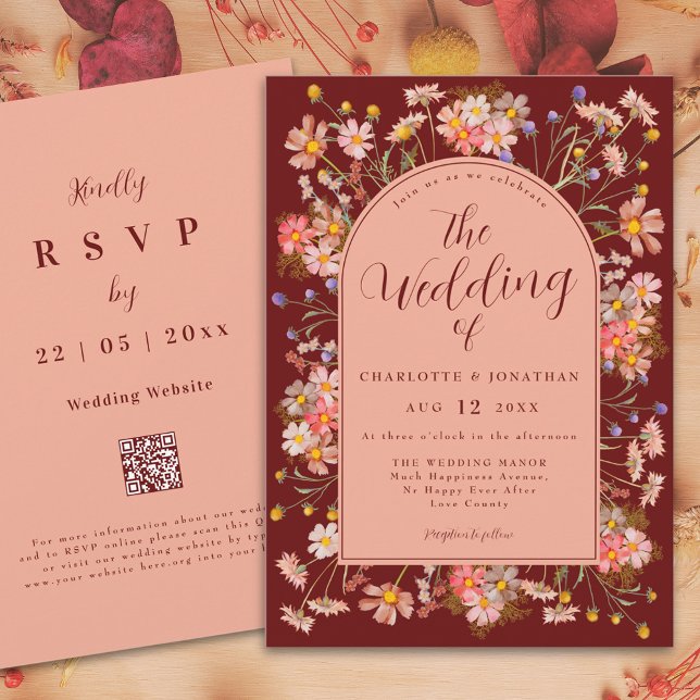 Invitation Fleur sauvage Boho Arch Dark Terracotta Mariage de (Wildflower boho arch dark terracotta fall wedding invitation with elegant script)