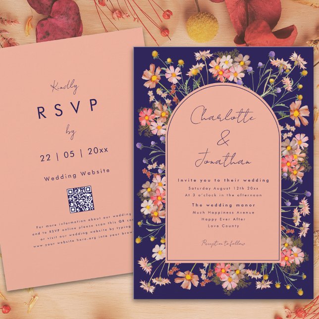 Invitation Fleur sauvage Boho Arch Marine Mariage de automne  (Wildflower boho arch navy blue peach terracotta fall wedding invitation with website qr code)