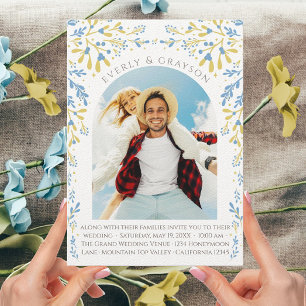 Invitation Fleur sauvage Boho Arch Photo Blue & Yellow Elegan