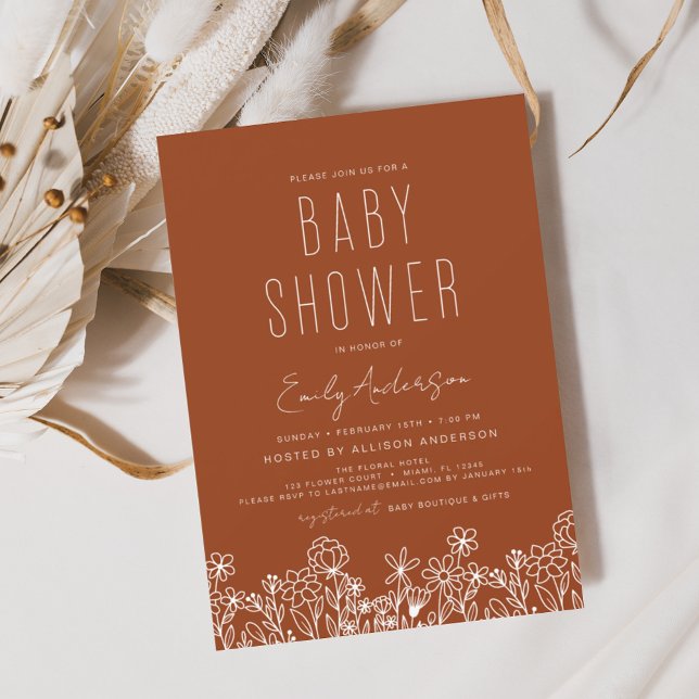 Invitation Fleur sauvage Boho Baby shower brûlé orange (Créateur téléchargé)